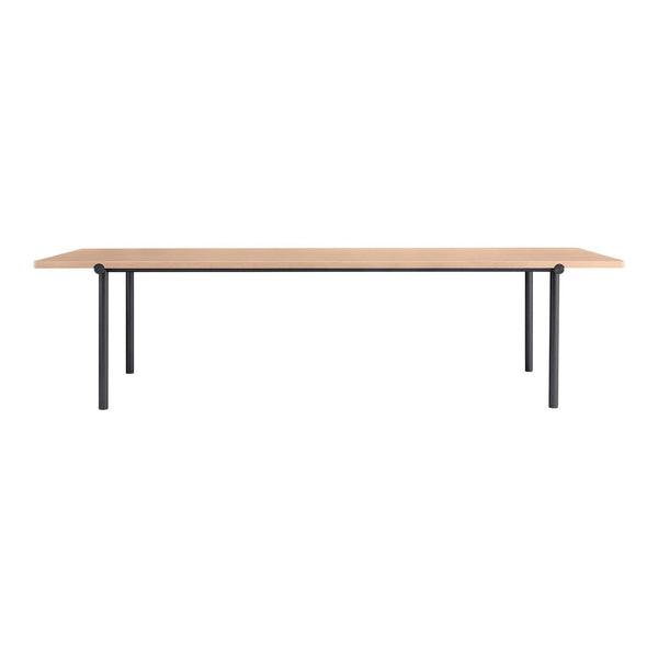 Light wood tabletop with black metal legs, modern and minimalist design, perfect for contemporary spaces.