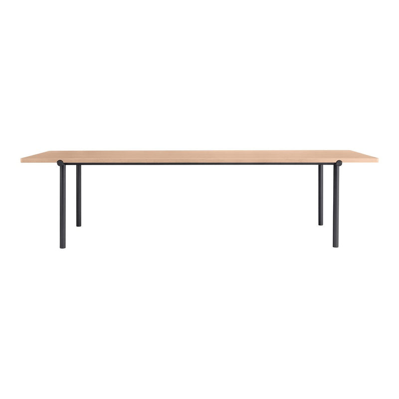 Light wood tabletop with black metal legs, modern and minimalist design, perfect for contemporary spaces.
