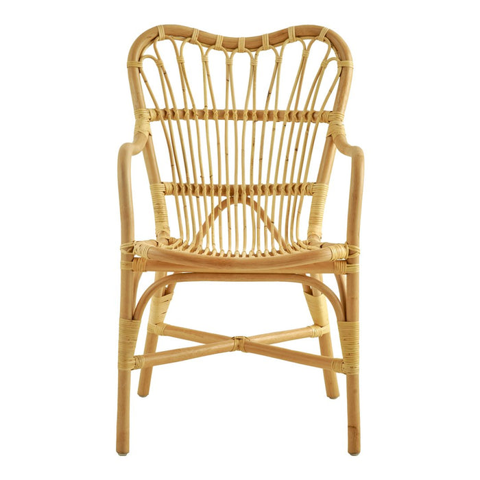 Natural rattan chair with intricate woven patterns in warm beige tones, perfect for a stylish, airy decor.