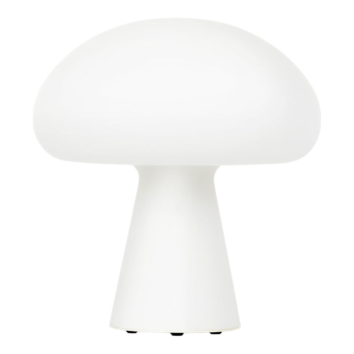 White mushroom-shaped lamp with a smooth, glossy finish and a minimalist design. Perfect for modern decor.