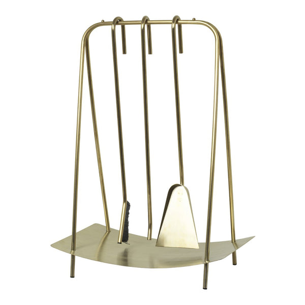 Gold metal fireplace tool set with a sleek, modern design and geometric patterns, ideal for stylish home decor.