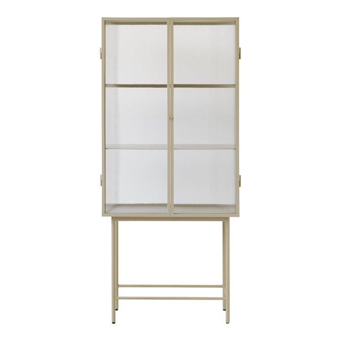 Light beige glass cabinet with a minimalist design and a sleek, modern frame, featuring clear glass panels.