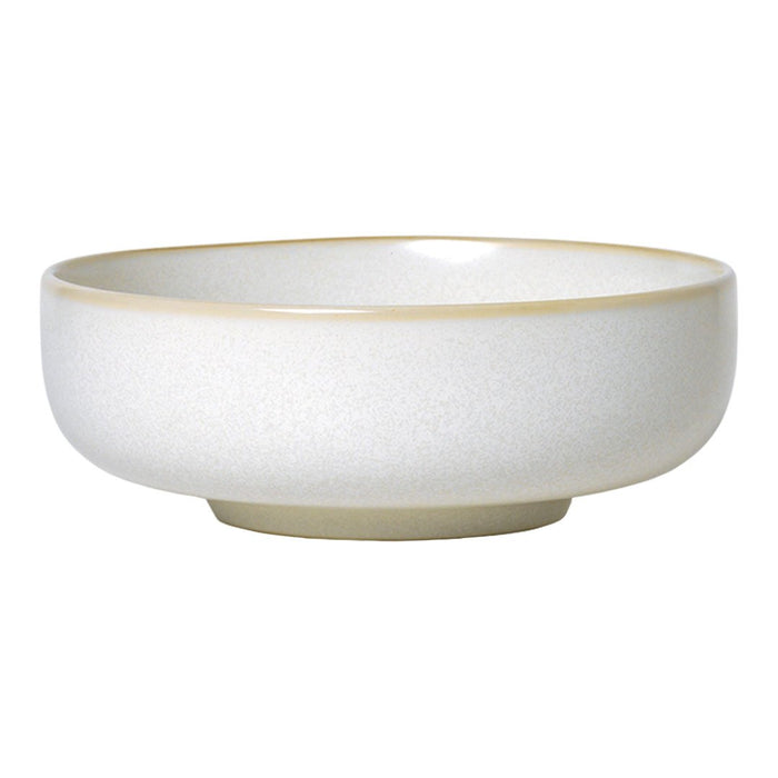 White ceramic bowl with a subtle speckled pattern and a chic gold rim. Perfect for elegant dining.