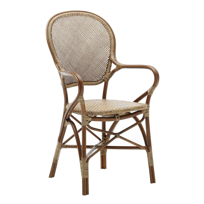 Natural rattan chair with a woven seat and backrest in light brown tones, featuring a classic curved design.
