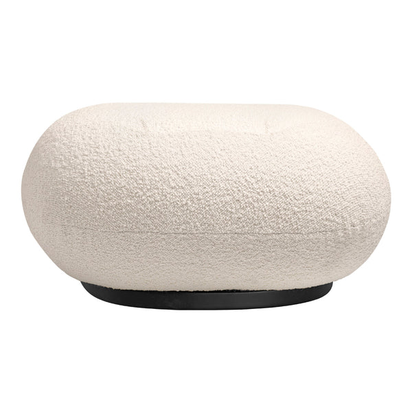 "Textured ivory pouf with a rounded shape and a sleek black base."