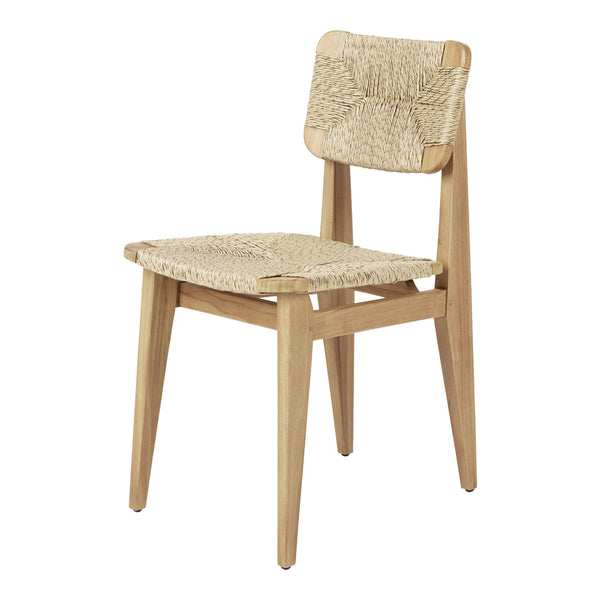 Natural wood chair with woven beige seat and back, showcasing a simple, textured pattern for a minimalist look.