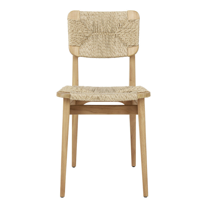 Natural wood chair with a textured beige woven seat and backrest, minimalistic design and warm earthy tones.