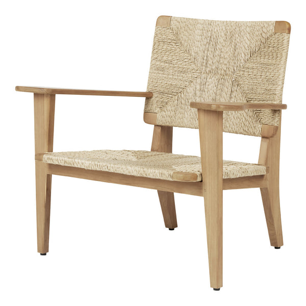 Natural beige woven seat with a textured pattern, complemented by light wooden armrests and legs.