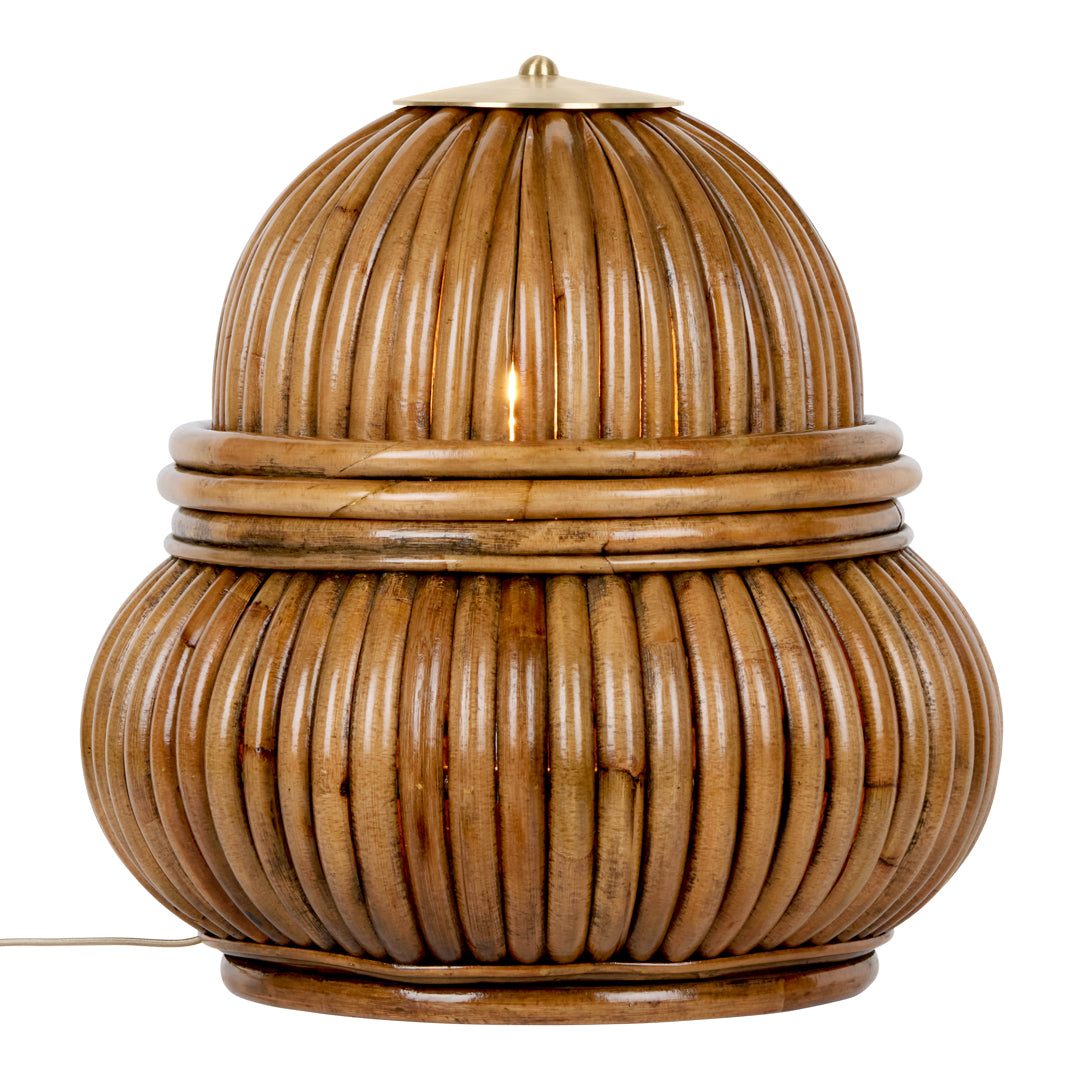 Wooden lamp with a rounded design, featuring a warm, natural brown color and ribbed texture. Perfect for rustic decor.