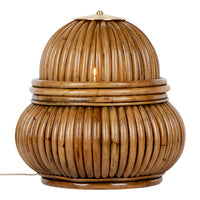Wooden lamp with a rounded design, featuring a warm, natural brown color and ribbed texture. Perfect for rustic decor.