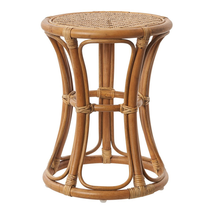 Natural rattan stool with a woven top, featuring a light brown finish and a contemporary design.