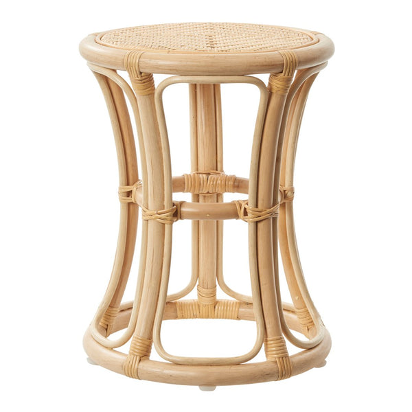 Natural rattan stool with a smooth, light beige finish and woven top, adding a touch of rustic elegance.