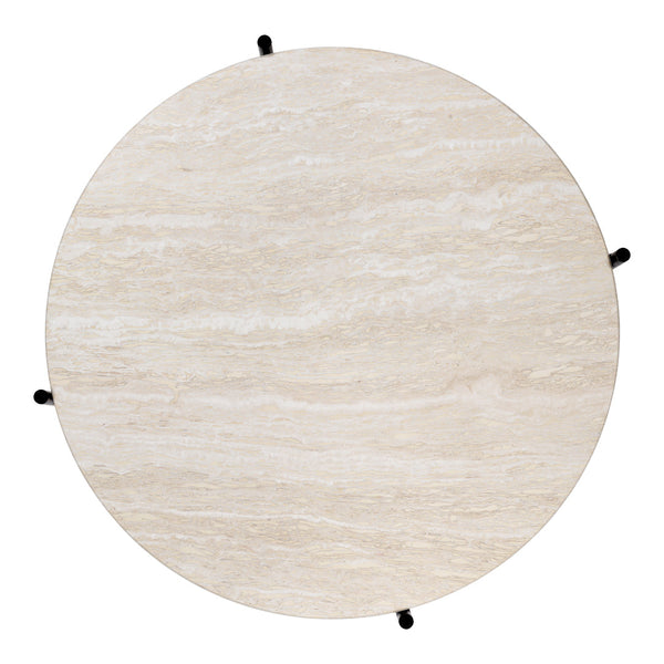 Round beige table with subtle marble-like patterns and black legs, perfect for modern decor.