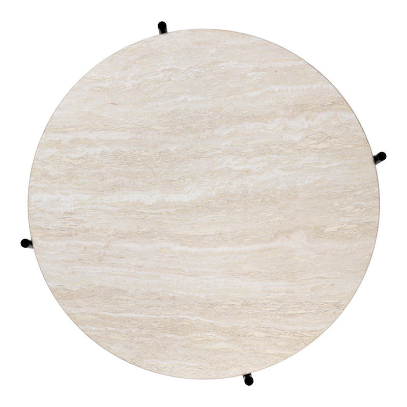Round beige table with subtle marble-like patterns and black legs, perfect for modern decor.