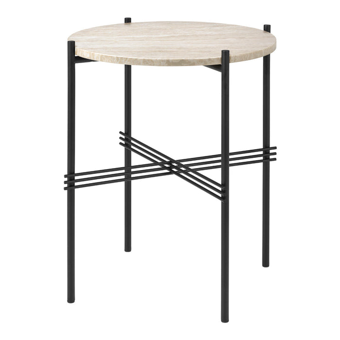 Round wooden table with a light beige surface and sleek black metal legs featuring a geometric cross pattern.
