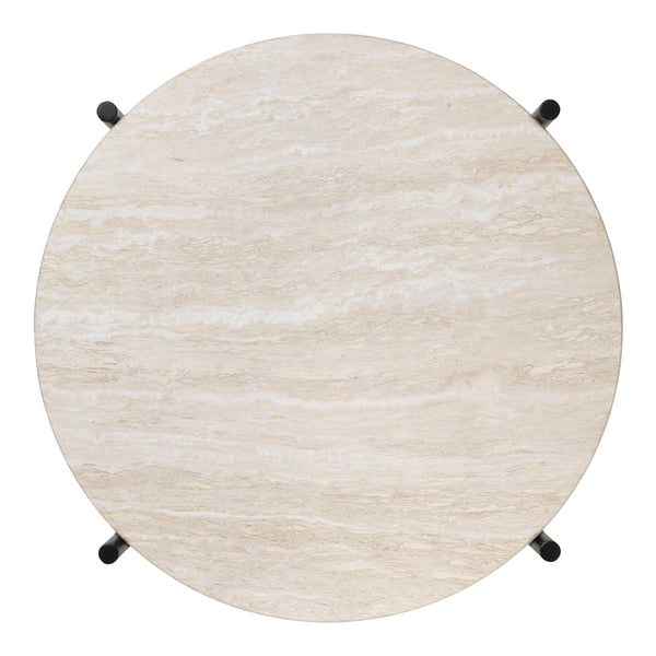 Round light beige marble tabletop with subtle veining and a smooth finish, complemented by black metal legs.