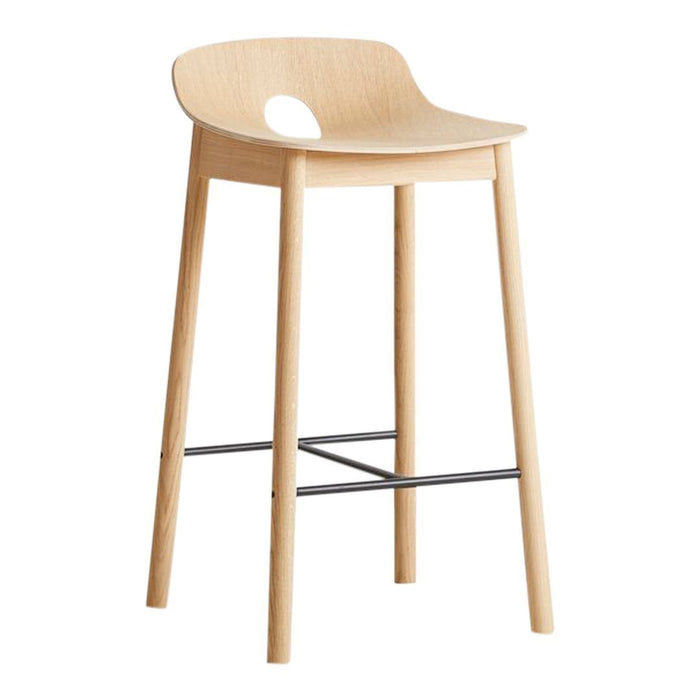 Natural wood bar stool with a smooth finish and minimalist design, featuring light oak color and sleek metal accent.