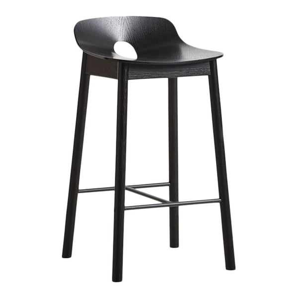 Black wooden bar stool with sleek, minimalist design and smooth, curved seat. Ideal for modern decor.