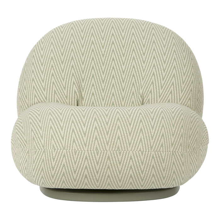 Cozy chair featuring a light gray zigzag pattern on soft fabric, elegantly curved design. Ideal for modern decor.