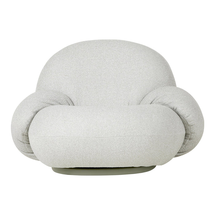 Soft grey upholstered chair with rounded shapes and a textured finish, perfect for modern decor.