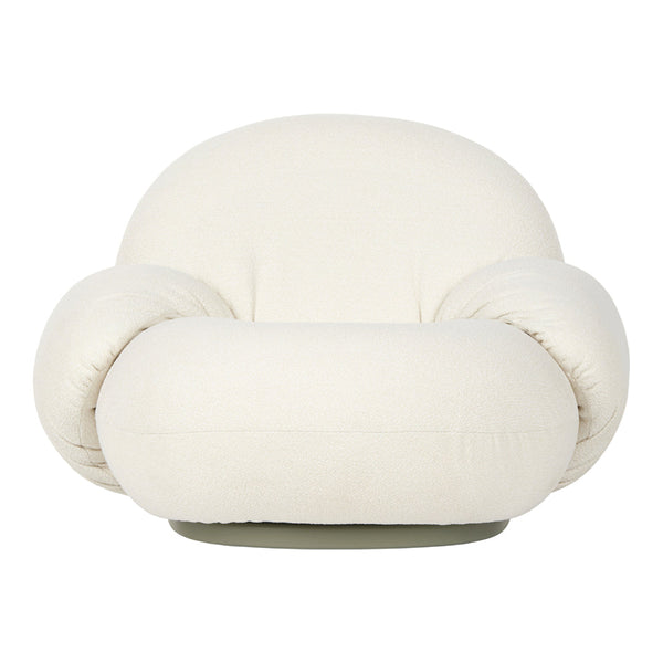 Cream-colored, plush armchair with smooth, rounded contours and a soft, muted green base. Ideal for modern decor.