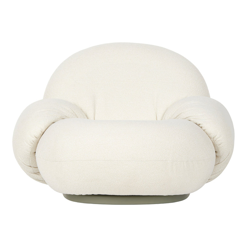 Cream-colored, plush armchair with smooth, rounded contours and a soft, muted green base. Ideal for modern decor.
