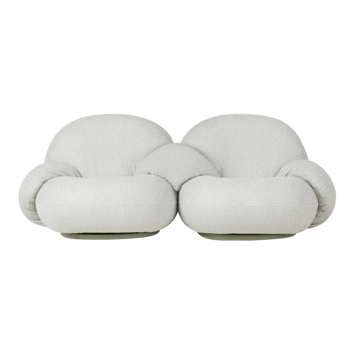 Stylish light gray loveseat with soft, rounded cushions and textured upholstery. Ideal for modern decor.
