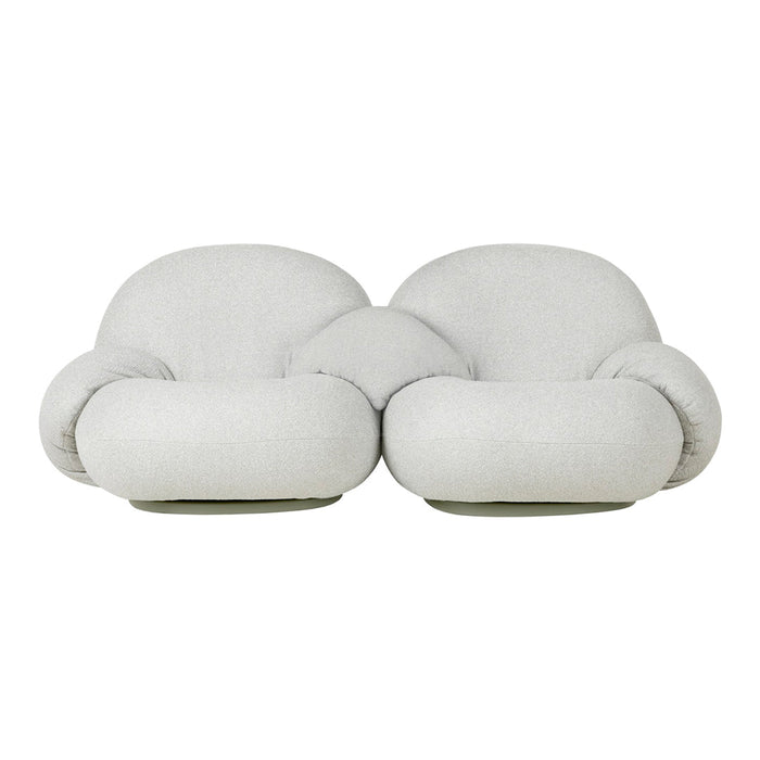 Light gray plush sofa with rounded, soft contours and subtle textured fabric. Ideal for modern, cozy interiors.