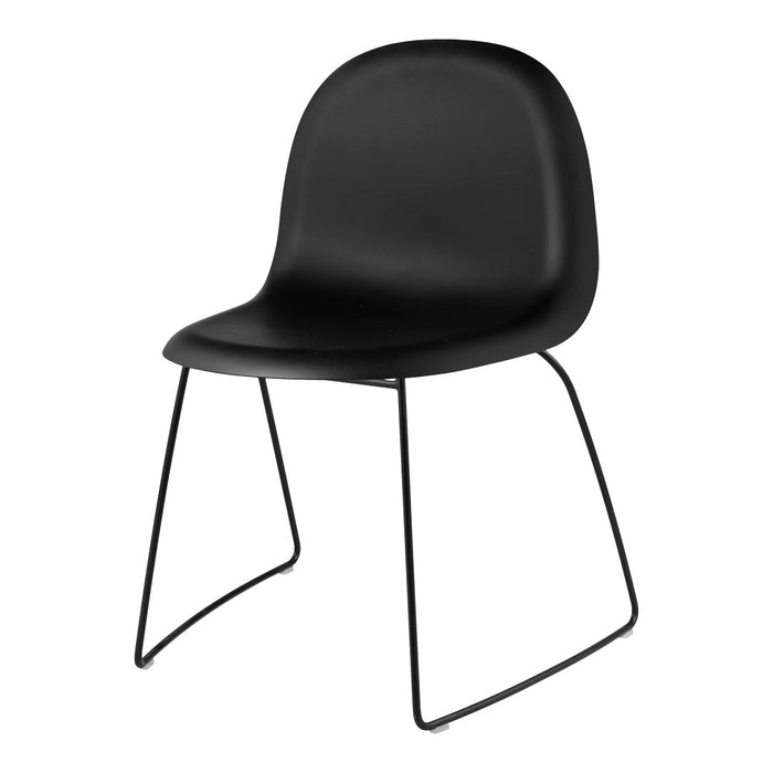 Black modern chair with a sleek curved seat and minimalist black metal legs. Perfect for contemporary decor.