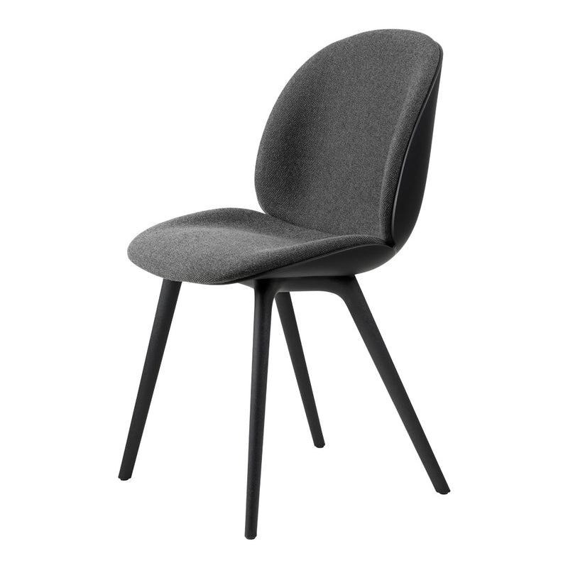 Modern gray fabric chair with a sleek black frame, featuring a minimalist design and smooth, curved lines.