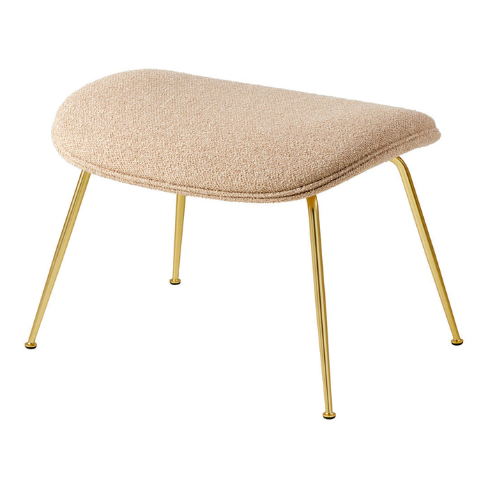 Beige upholstered ottoman with a soft texture and sleek golden legs, featuring a smooth, modern design.