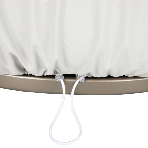 Light gray outdoor cover with elastic bottom and white drawstrings, featuring a smooth, streamlined design.