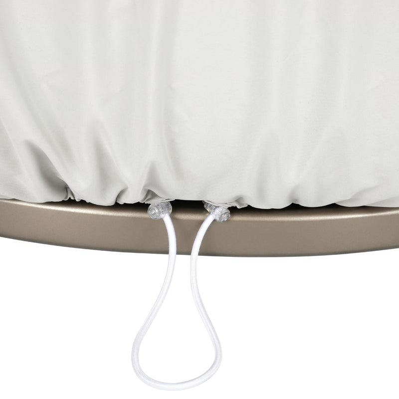 Light gray protective cover with smooth texture, featuring white drawstrings and a taupe base for secure fastening.
