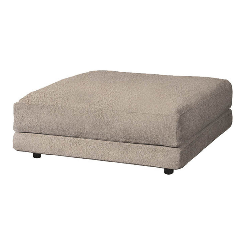 Beige square ottoman with a smooth, textured surface and black feet, perfect for modern living spaces.