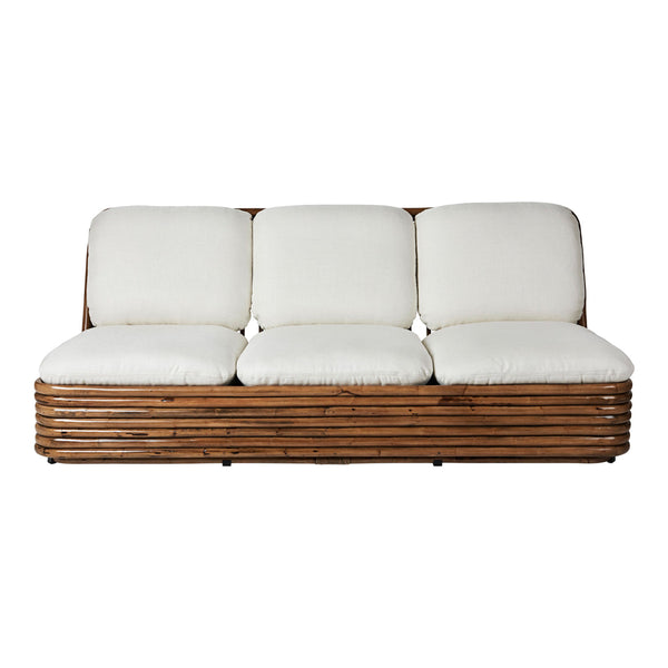 White cushioned sofa with a textured brown wooden frame, creating a clean, modern aesthetic.