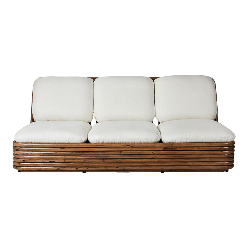 White cushioned sofa with a textured brown wooden frame, creating a clean, modern aesthetic.