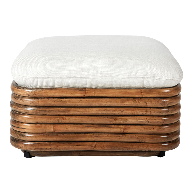 White cushioned ottoman with a decorative woven brown rattan base, offering a stylish and modern look for any space.