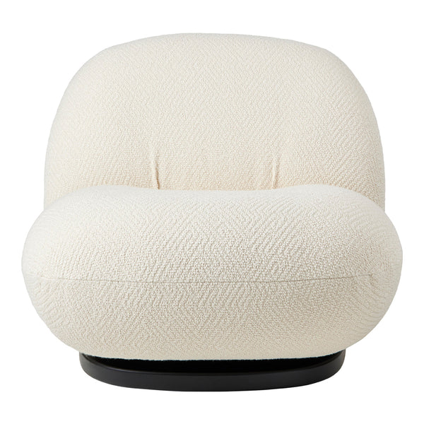 Cream-colored swivel chair with subtle houndstooth pattern and a plush, rounded design for modern interiors.