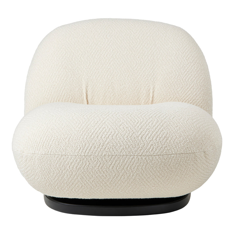 Cream-colored swivel chair with subtle houndstooth pattern and a plush, rounded design for modern interiors.