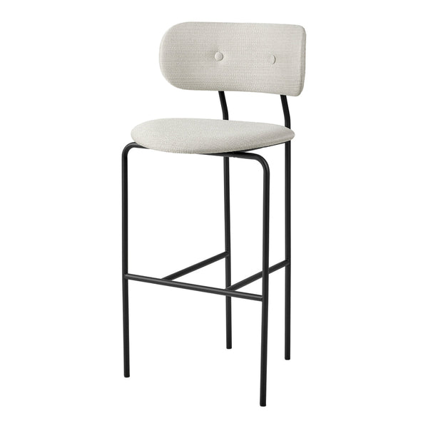 Light gray upholstered bar stool with black metal legs and a simple, modern design. Ideal for stylish interiors.