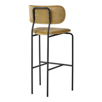 Tan upholstered bar stool with a sleek black metal frame, minimalist design, and smooth contours.