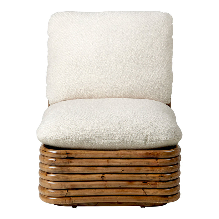 Cream upholstered chair with a textured finish and a natural wood base featuring curved, layered design.