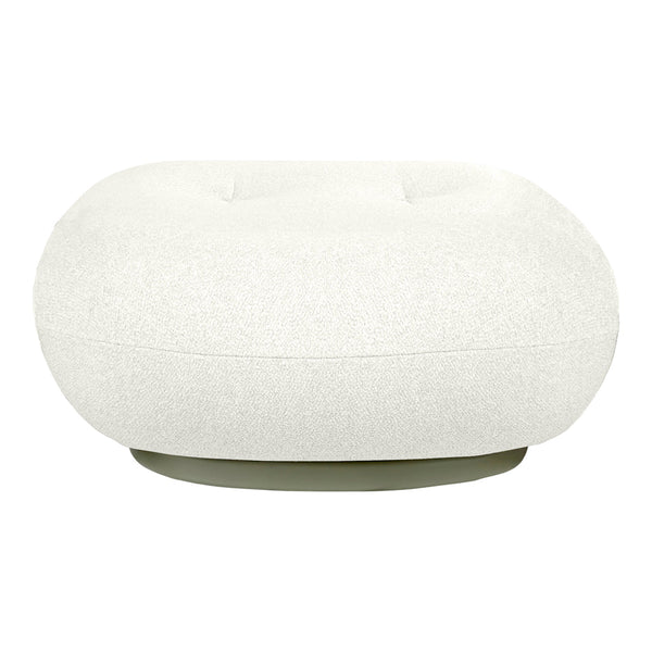 White textured pouf with a round design and subtle green base, perfect for modern decor.