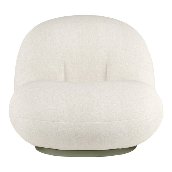 Cream-colored soft upholstered chair with a smooth, minimalist design and a circular, pale green base.