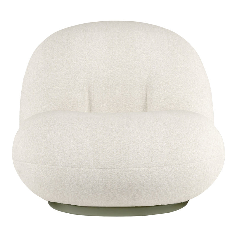 Cream-colored soft upholstered chair with a smooth, minimalist design and a circular, pale green base.