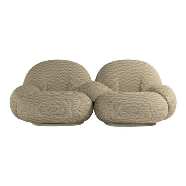 Beige, plush sofa with a textured pattern, featuring rounded shapes for a modern and cozy look.