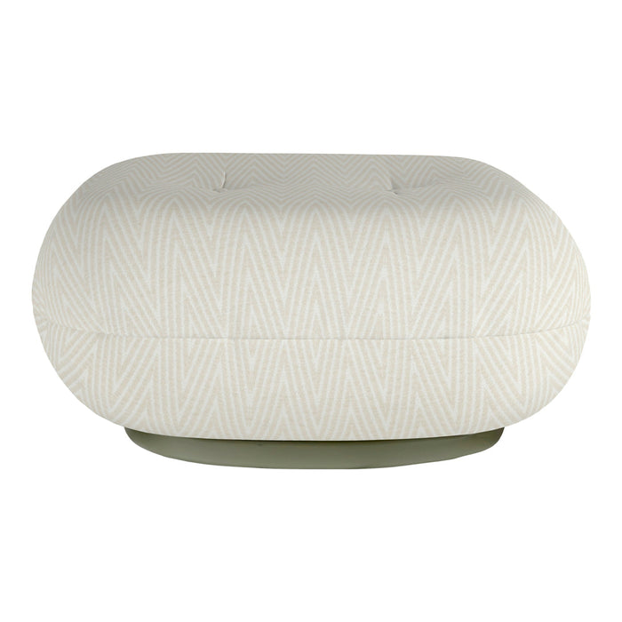 Round ottoman in soft cream with subtle diagonal stripes and a light green base. Modern, stylish, and versatile design.