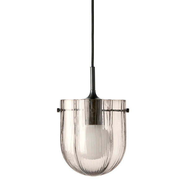 Smoky gray glass pendant lamp with subtle ribbed pattern and sleek black fixture. Stylish, modern decor accent.