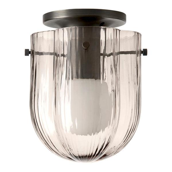 Smoky gray glass light fixture with ribbed texture and a modern bronze ceiling mount. Elegant and contemporary design.