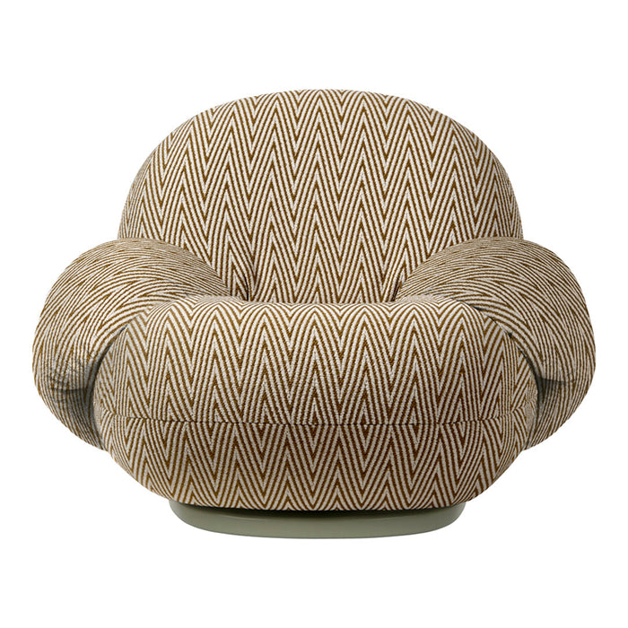 Tan and cream zigzag patterned armchair with a rounded design and green base. Perfect for a stylish living room.